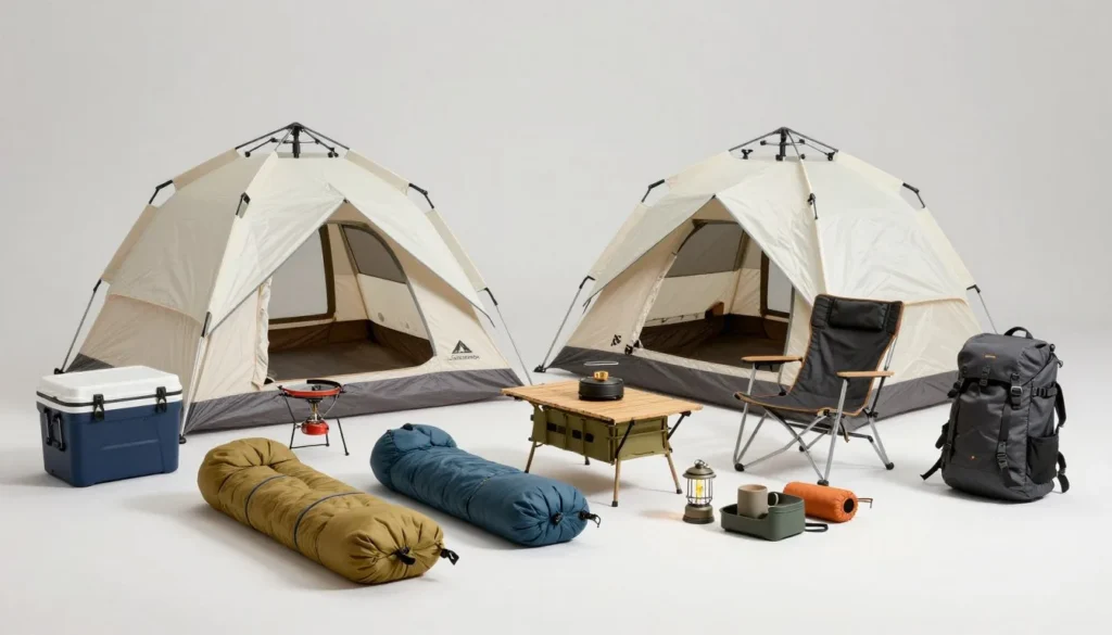 Organized camping gear and equipment laid out at campsite including tent cooler and outdoor supplies Organized camping gear and equipment laid out at campsite including tent cooler and outdoor supplies