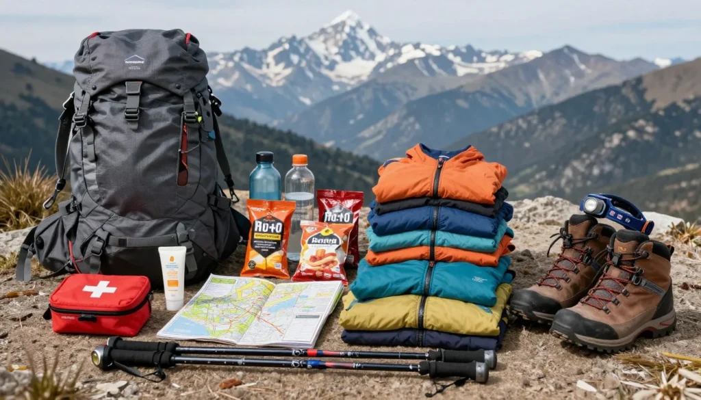 Organized hiking gear and supplies laid out before Colorado mountain trek including clothing, food, and safety equipment Organized hiking gear and supplies laid out before Colorado mountain trek including clothing, food, and safety equipment