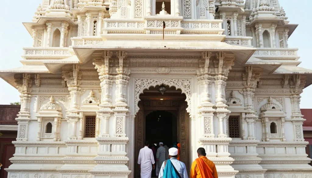 Ornate Jain temple entrance with intricate marble carvings and devotees entering