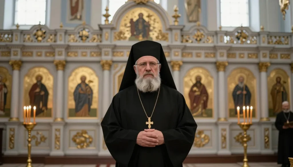 Orthodox priest in traditional vestments inside an ornate church with icons and religious artwork visible