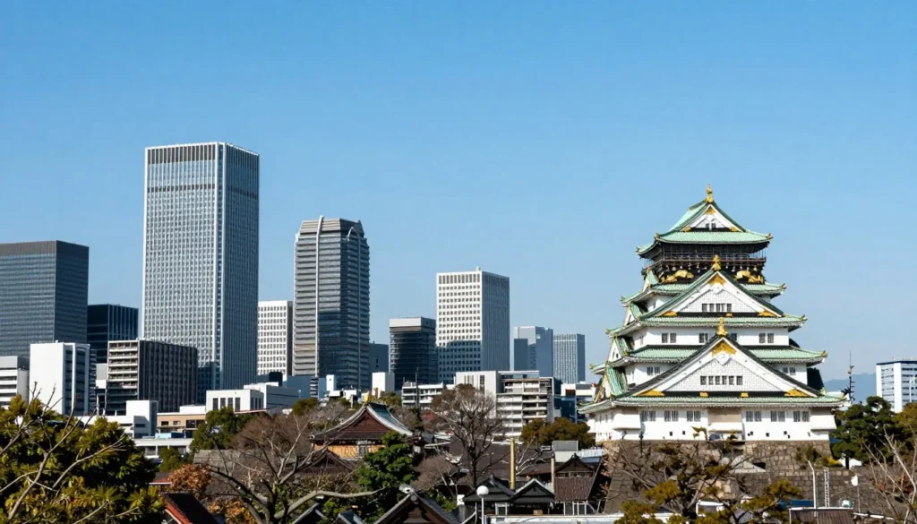 Osaka city skyline with modern buildings and castle Osaka city skyline with modern buildings and castle