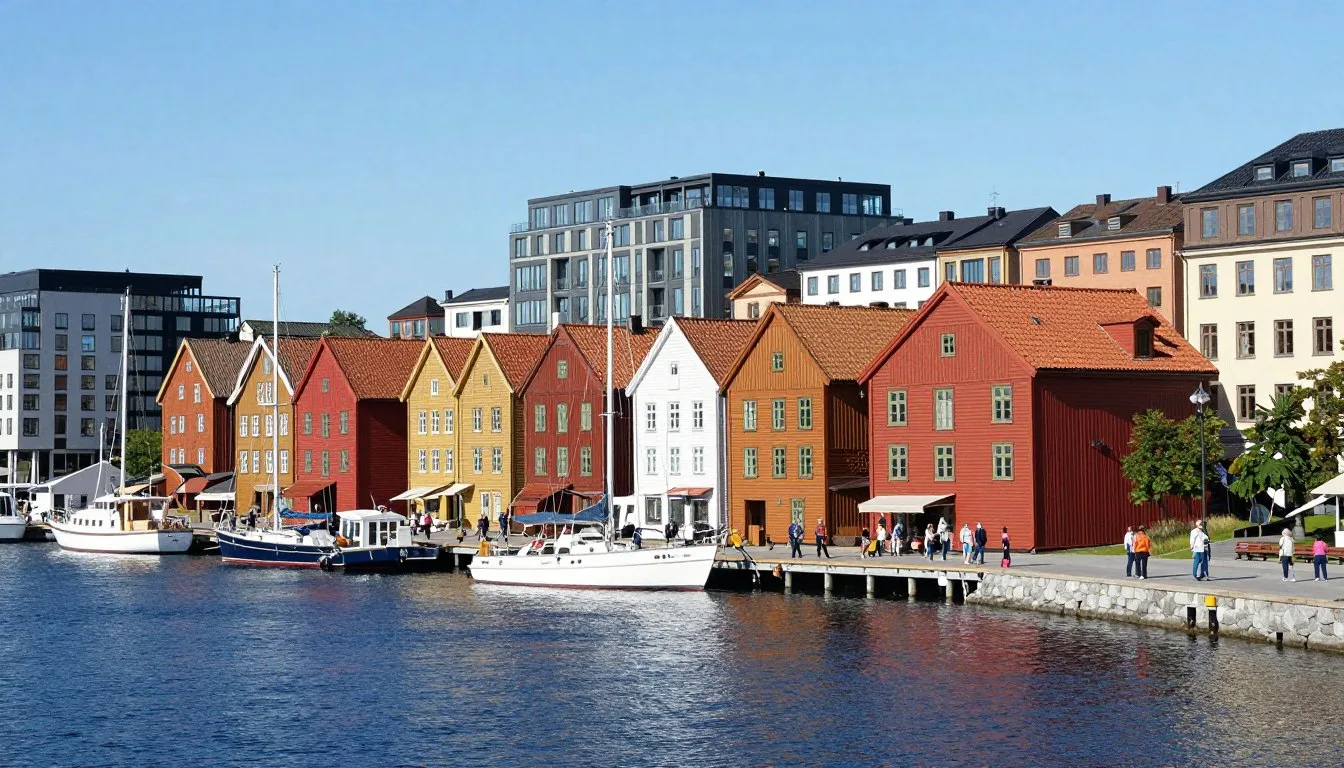 Oslo city center waterfront with colorful buildings and harbor under blue sky