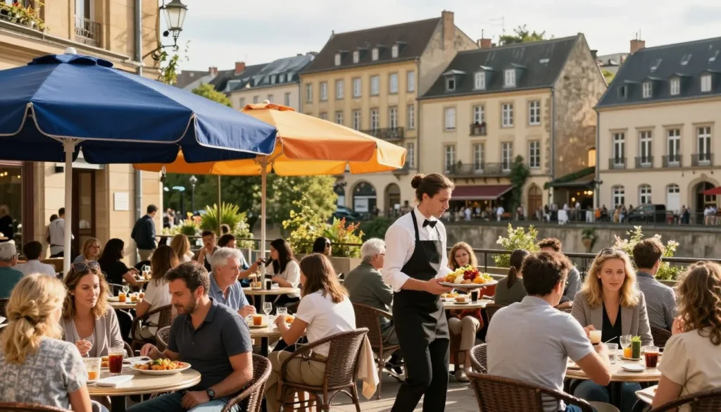 Outdoor cafe terrace dining in Luxembourg City Place d'Armes with people enjoying meals