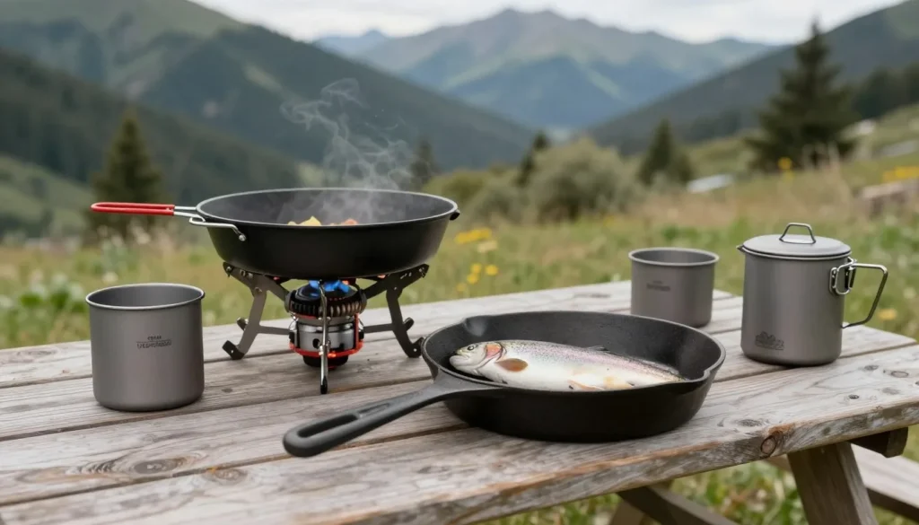 Outdoor camp cooking setup with portable stove and fresh caught trout Outdoor camp cooking setup with portable stove and fresh caught trout