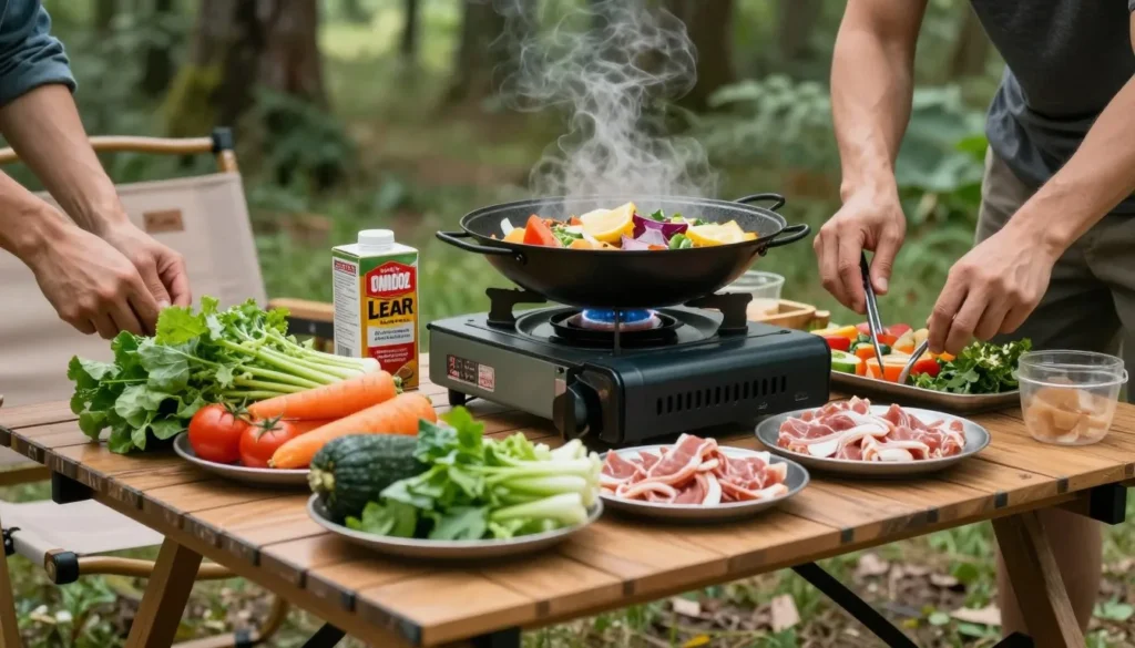 Outdoor camping meal preparation with fresh local ingredients Outdoor camping meal preparation with fresh local ingredients