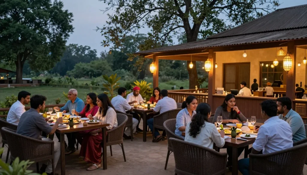 Outdoor dining area at Ranthambore resort with diverse guests enjoying meal