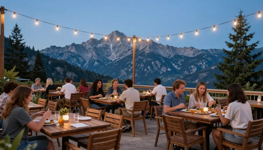 Outdoor dining area in mountain town near forest Outdoor dining area in mountain town near forest
