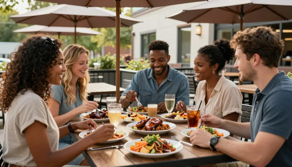 Outdoor dining scene at a North Raleigh restaurant with southern cuisine Outdoor dining scene at a North Raleigh restaurant with southern cuisine