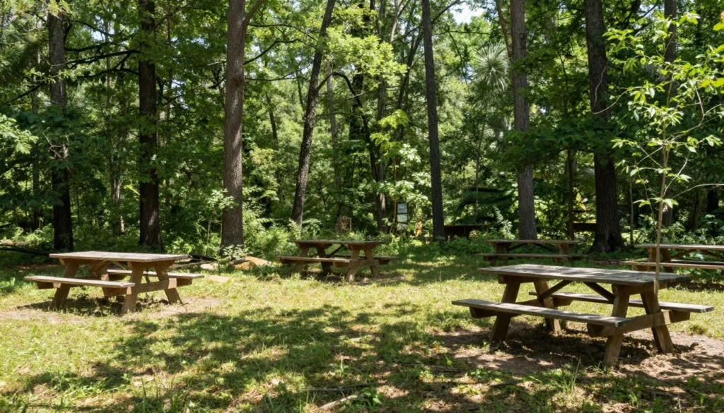 Outdoor festival gathering area with picnic tables at Chickasaw State Park Tennessee Outdoor festival gathering area with picnic tables at Chickasaw State Park Tennessee
