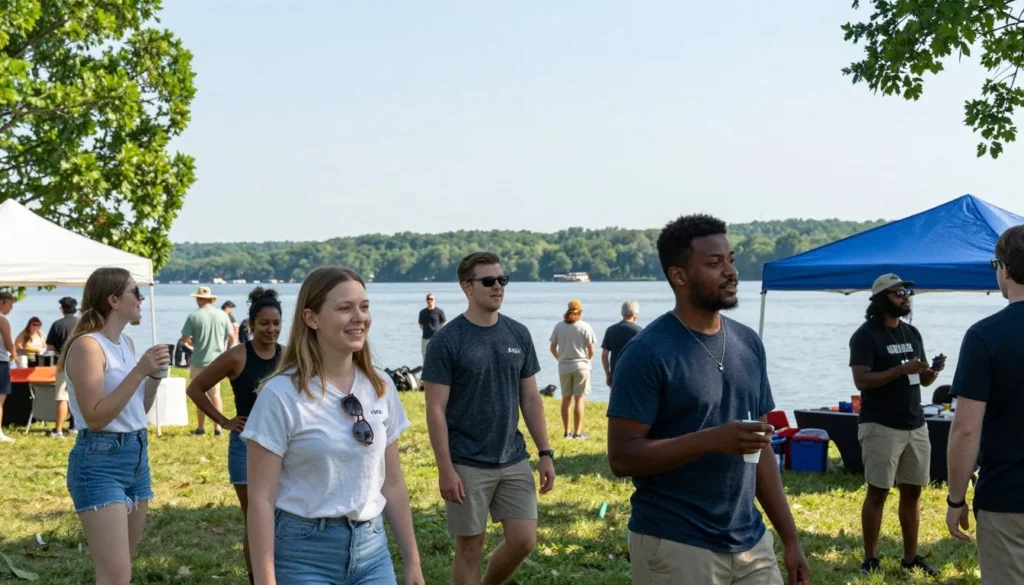 Outdoor festival gathering with diverse group enjoying lakeside activities Outdoor festival gathering with diverse group enjoying lakeside activities