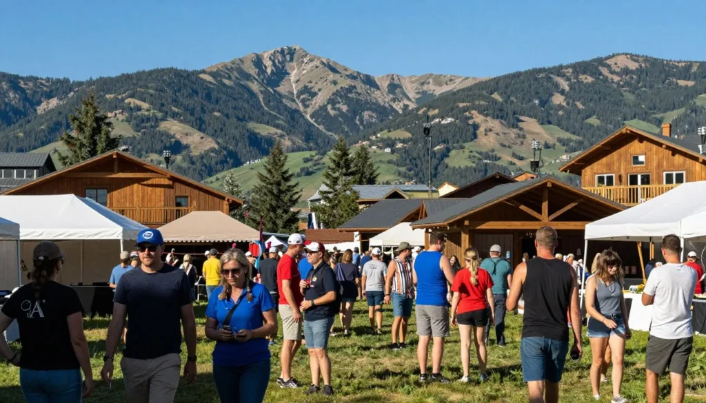 Outdoor festival in Vail Village with crowds and mountain backdrop Outdoor festival in Vail Village with crowds and mountain backdrop