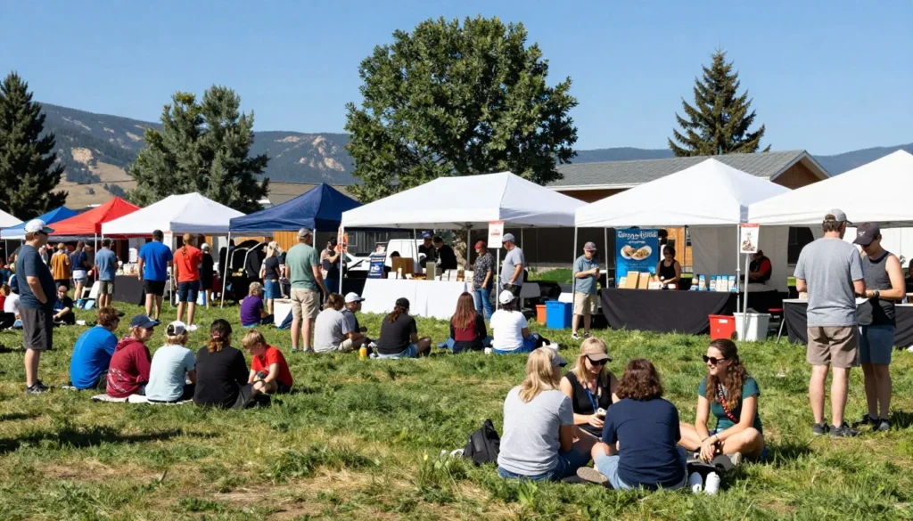 Outdoor festival scene in Colorado with diverse families enjoying live music and food vendors on sunny day Outdoor festival scene in Colorado with diverse families enjoying live music and food vendors on sunny day