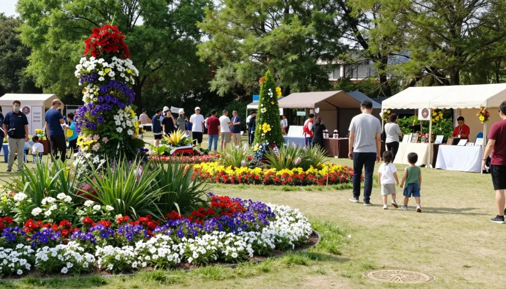 Outdoor festival with visitors enjoying garden displays and cultural activities Outdoor festival with visitors enjoying garden displays and cultural activities