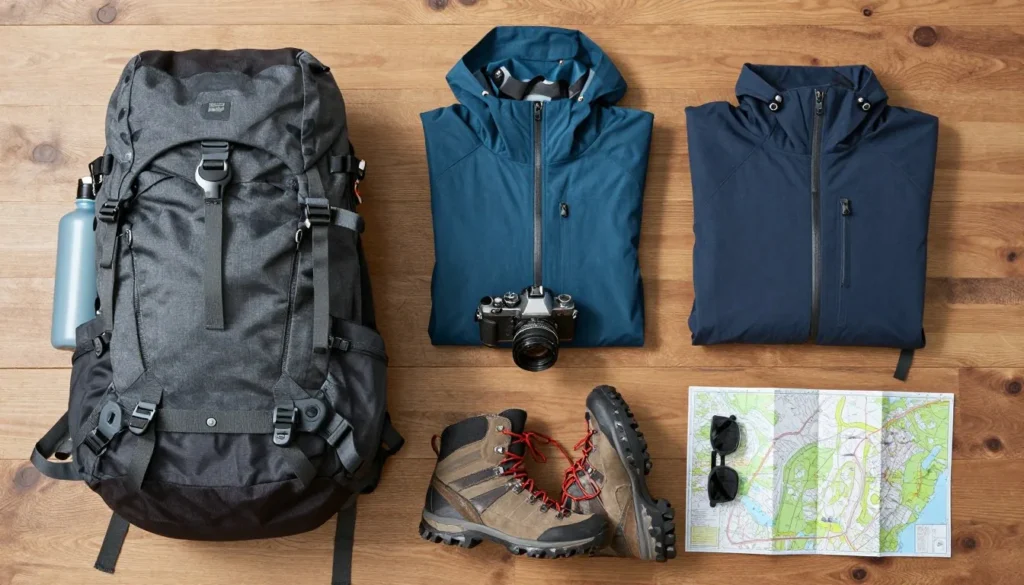 Outdoor gear and essentials laid out for mountain trip Outdoor gear and essentials laid out for mountain trip