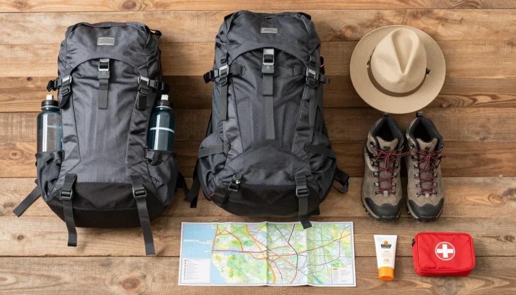 Outdoor gear and supplies laid out for canyon trip Outdoor gear and supplies laid out for canyon trip