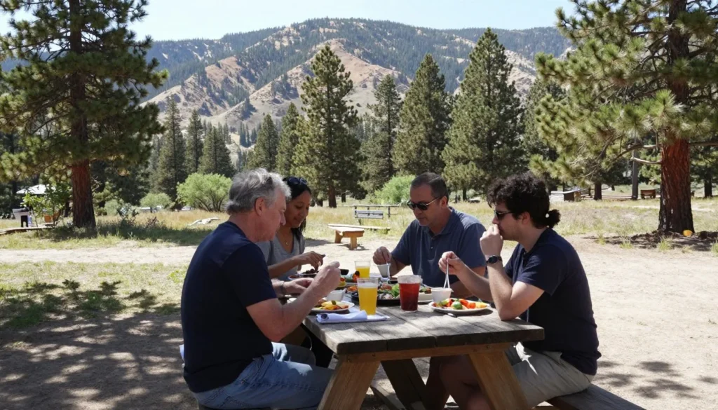 Outdoor mountain dining with picnic table and forest views in Spring Mountains Outdoor mountain dining with picnic table and forest views in Spring Mountains