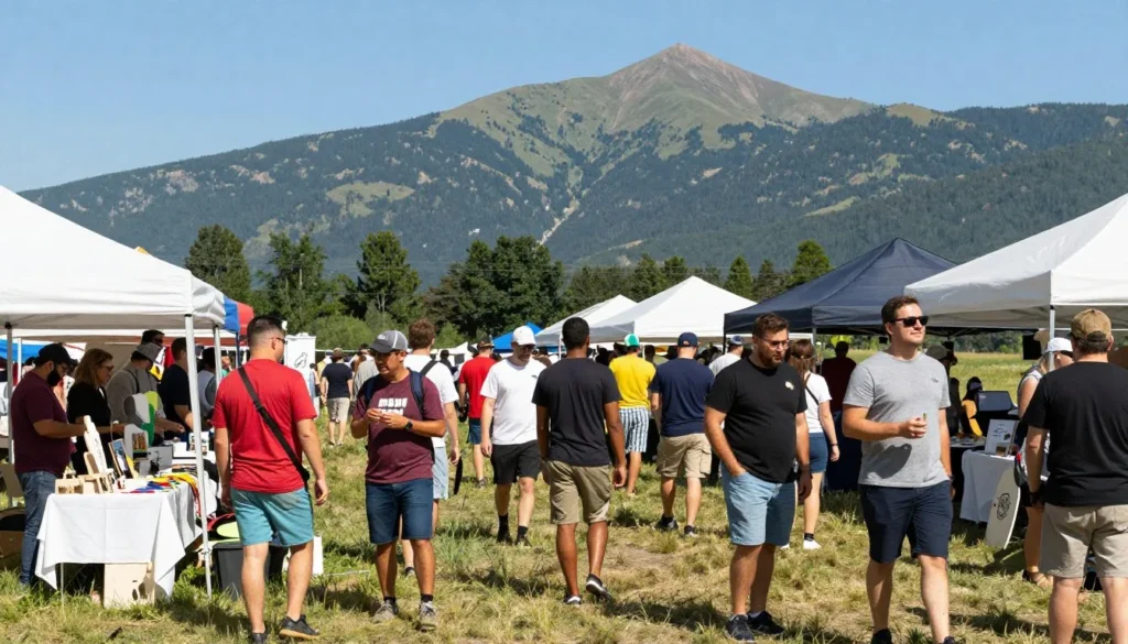 Outdoor mountain festival with diverse crowd enjoying live music and local crafts Outdoor mountain festival with diverse crowd enjoying live music and local crafts