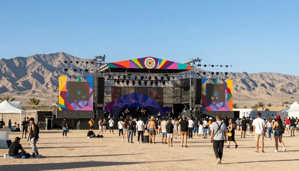 Outdoor music festival stage setup at hot springs venue with mountain backdrop