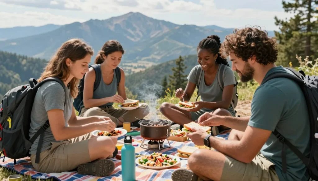 Outdoor picnic meal with mountain views in Lamoille Canyon