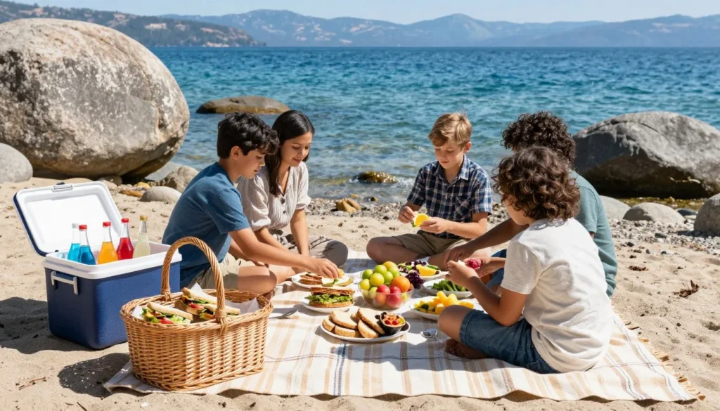 Outdoor picnic setup at Lake Tahoe beach with mountain views