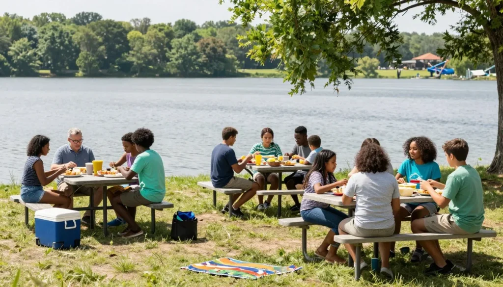 Outdoor picnic setup at Rye Patch Reservoir with diverse group