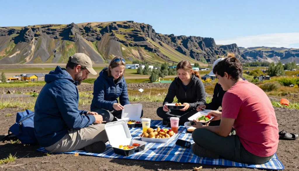 Outdoor picnic setup at Thingvellir National Park Iceland with diverse tourists Outdoor picnic setup at Thingvellir National Park Iceland with diverse tourists
