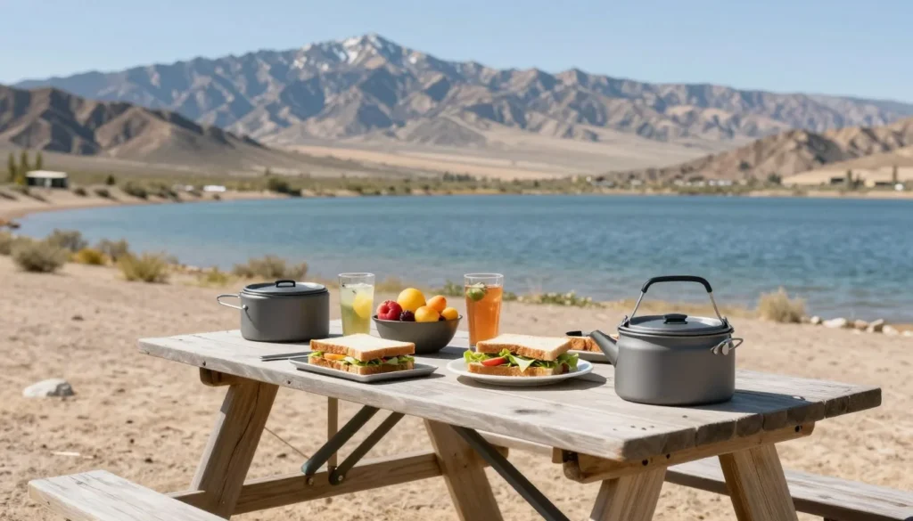 Outdoor picnic setup with food at South Fork Reservoir campsite