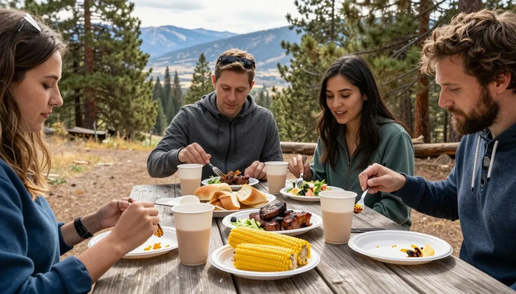 Outdoor picnic setup with local Utah foods in mountain setting Outdoor picnic setup with local Utah foods in mountain setting