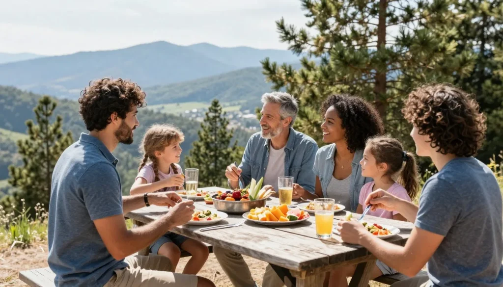 Outdoor picnic setup with mountain views