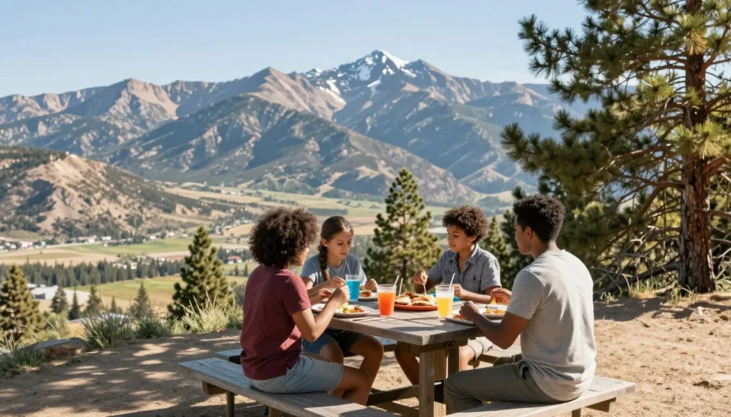 Outdoor picnic setup with mountain views in La Sal Mountains Outdoor picnic setup with mountain views in La Sal Mountains