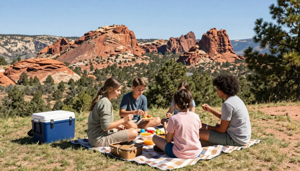 Outdoor picnic setup with mountain vista and diverse family enjoying meal Outdoor picnic setup with mountain vista and diverse family enjoying meal