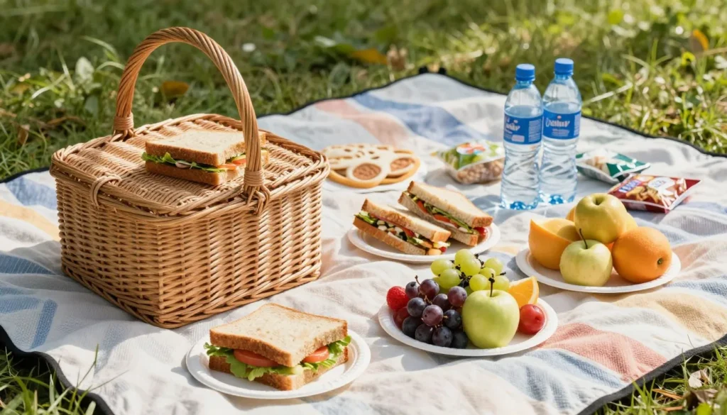 Outdoor picnic spread with sandwiches fresh fruit and snacks on blanket in grassy park area Outdoor picnic spread with sandwiches fresh fruit and snacks on blanket in grassy park area
