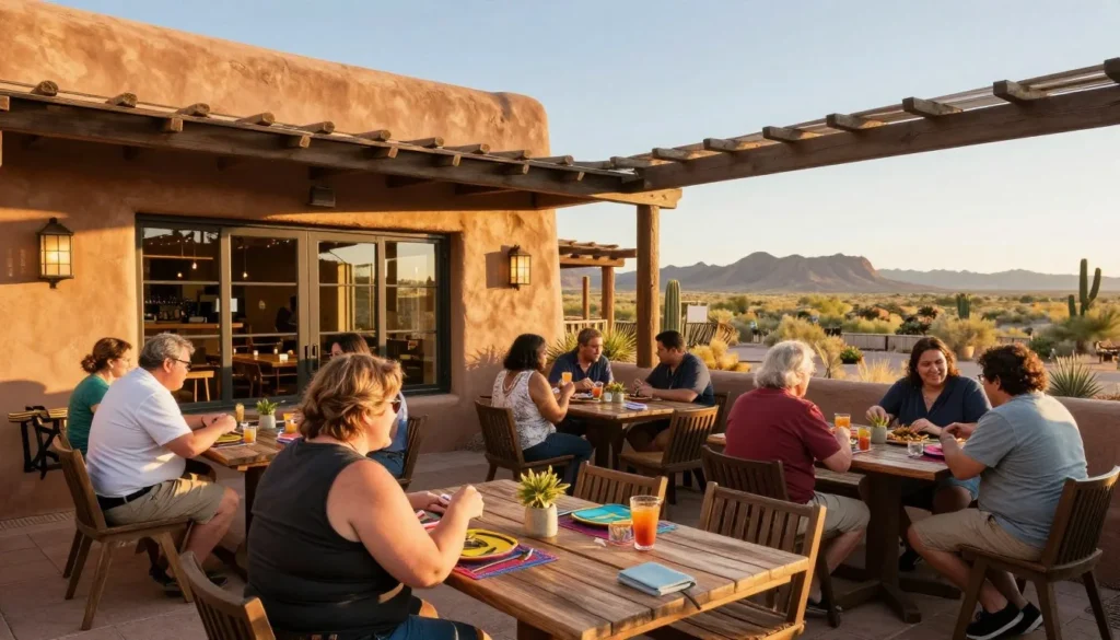 Outdoor restaurant dining area with southwestern architecture