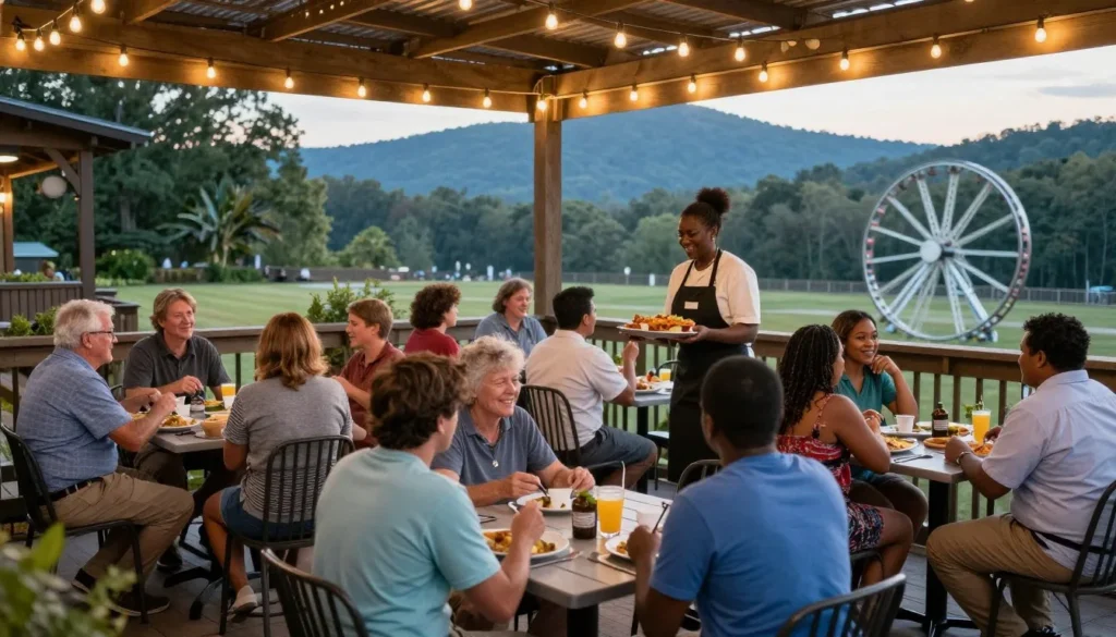 Outdoor restaurant dining at The Island with families enjoying Southern cuisine Outdoor restaurant dining at The Island with families enjoying Southern cuisine