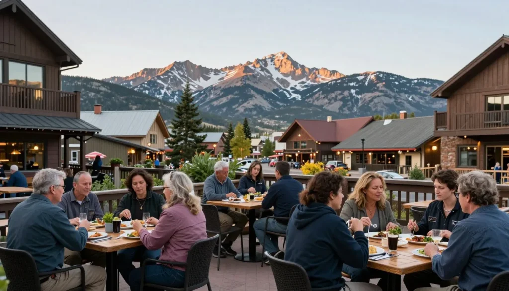 Outdoor restaurant patio with mountain views and diners