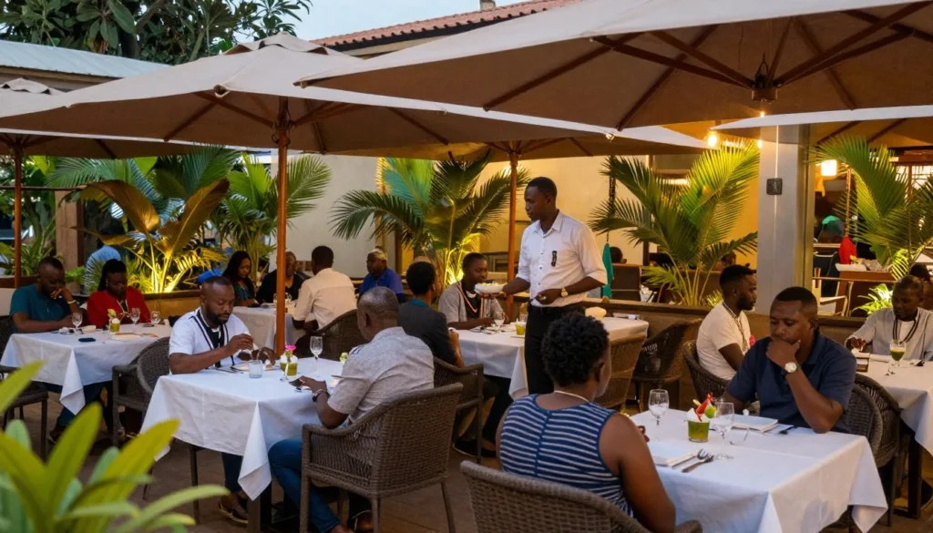 Outdoor restaurant terrace with diners in Yaounde