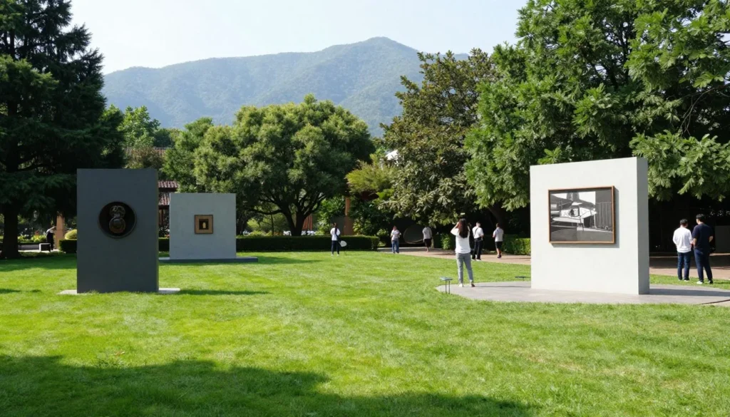 Outdoor sculpture garden with modern art installations
