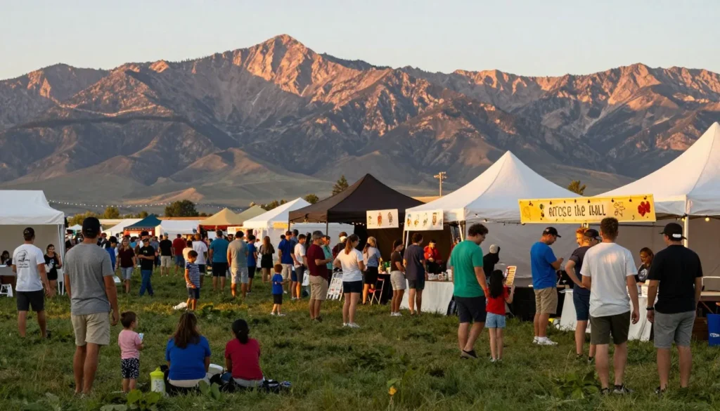Outdoor summer festival with diverse crowd enjoying music and mountain views