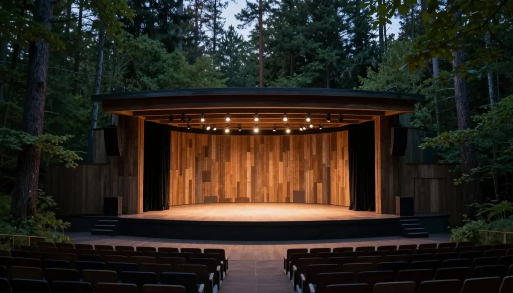 Outdoor theater performance space surrounded by natural forest setting Outdoor theater performance space surrounded by natural forest setting