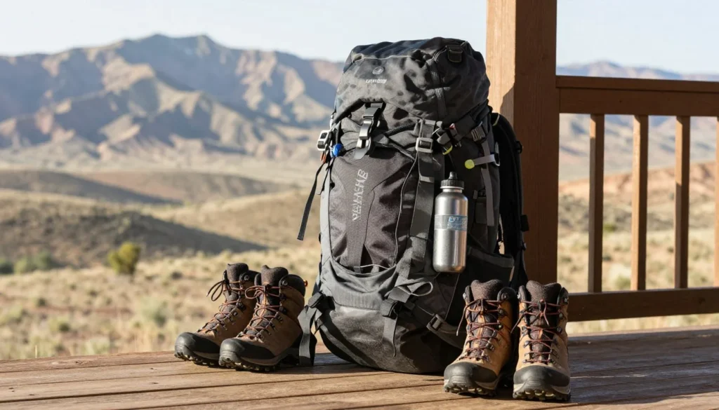 Packed backpack and gear ready for plateau adventure Packed backpack and gear ready for plateau adventure