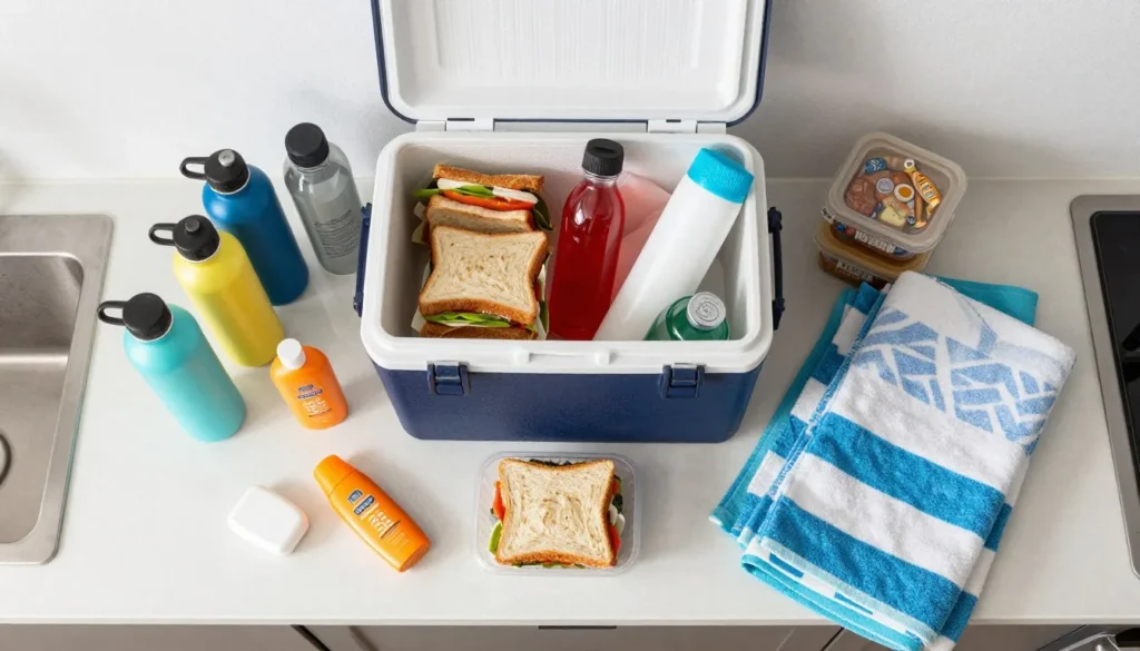 Packed cooler and beach supplies prepared for day trip