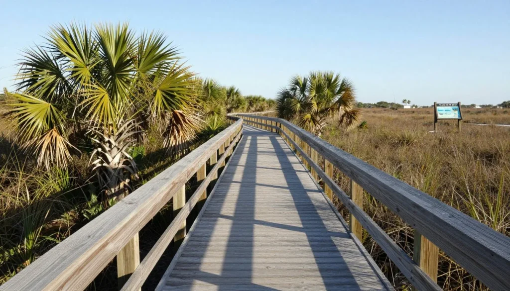 Palmetto Boardwalk trail through marsh at Goose Creek State Park Palmetto Boardwalk trail through marsh at Goose Creek State Park