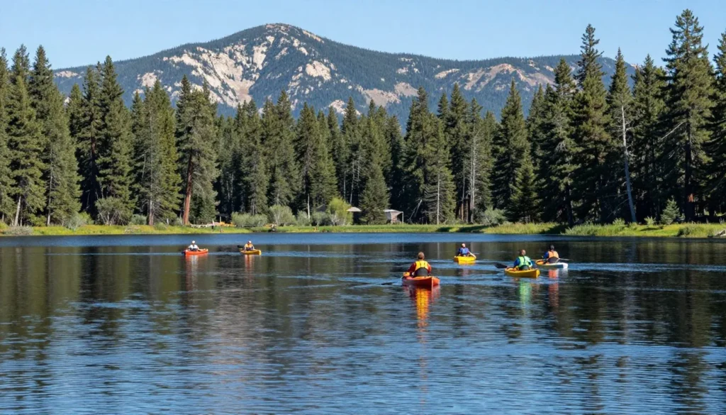 Panguitch Lake surrounded by forest with mountain reflections in calm water
