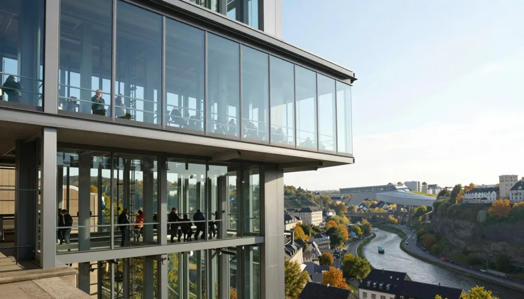 Panoramic elevator connecting Luxembourg City levels with glass architecture and valley views