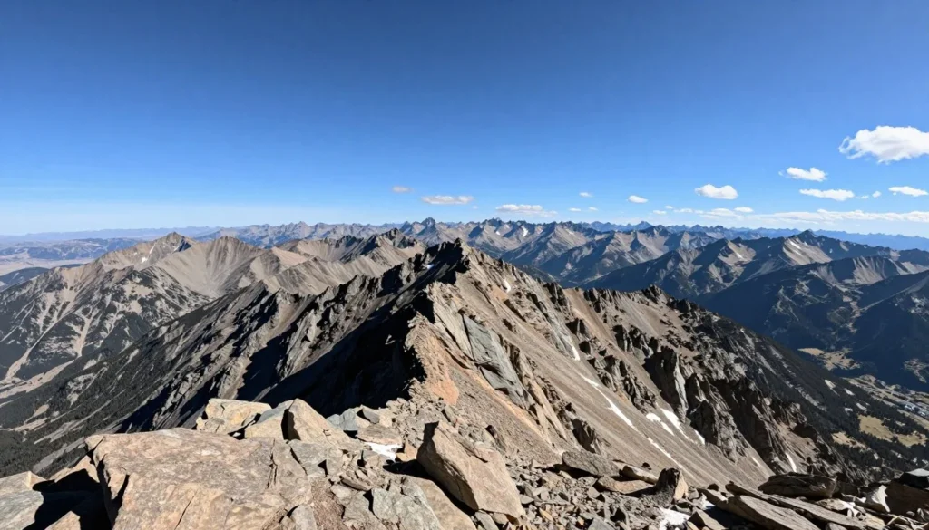 Panoramic mountain vista from Uncompahgre Peak summit showing endless Colorado mountain ranges under blue sky Panoramic mountain vista from Uncompahgre Peak summit showing endless Colorado mountain ranges under blue sky