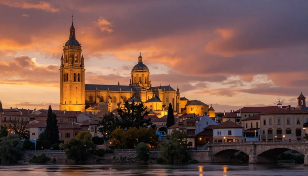 Panoramic sunset view of golden Salamanca cityscape with cathedral and historic buildings