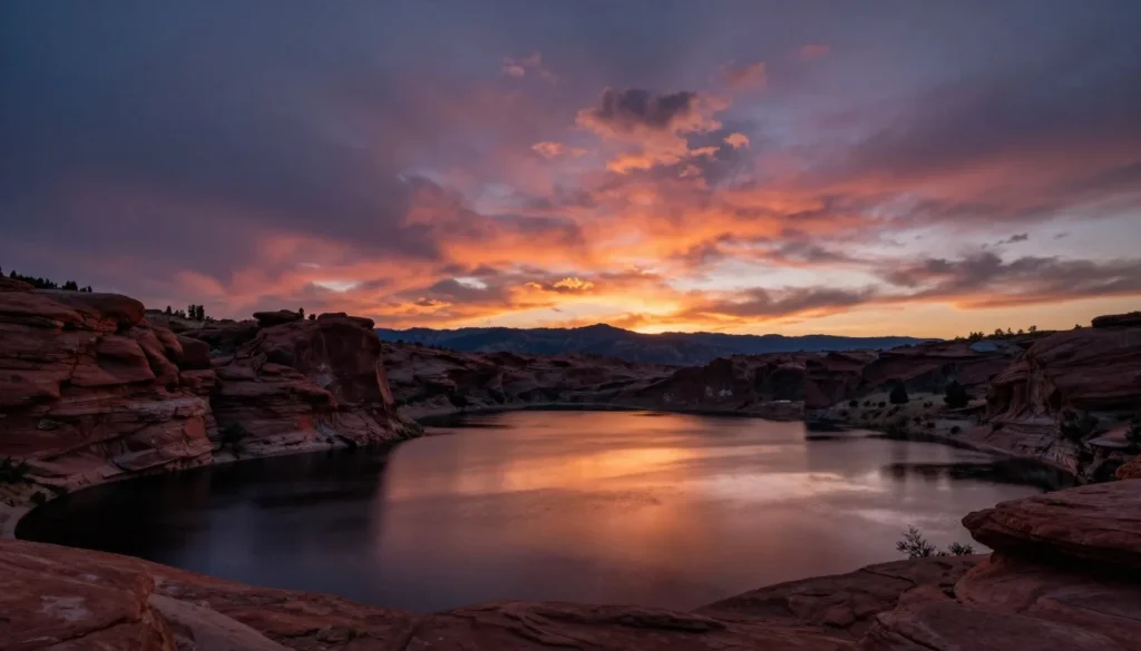 Panoramic sunset view over Millsite State Park and reservoir