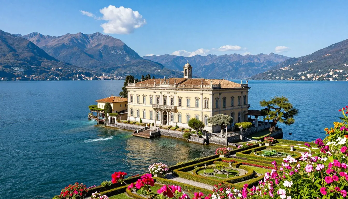 Panoramic view of Borromean Islands on Lake Maggiore with baroque palace gardens and mountain backdrop