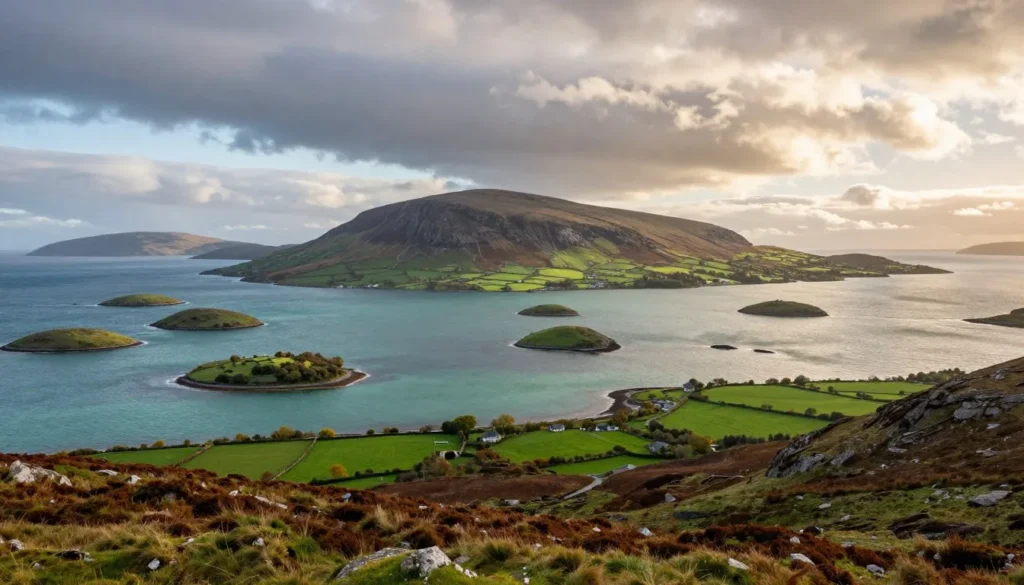 Panoramic view of Clew Bay from elevated viewpoint showing numerous islands