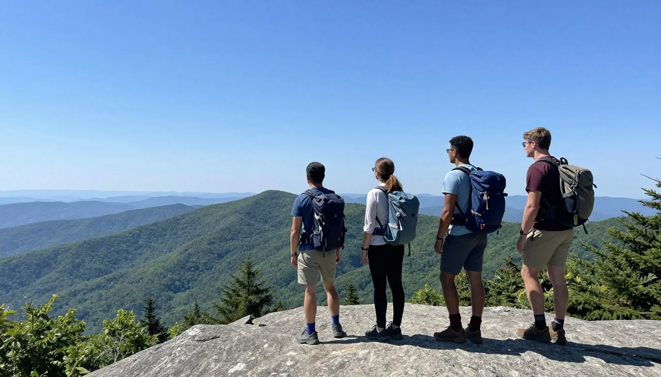 Panoramic-view-of-Elk-Knob-State-Park-summit-with-visitors-enjoying-mountain-vistas Panoramic view of Elk Knob State Park summit with visitors enjoying mountain vistas
